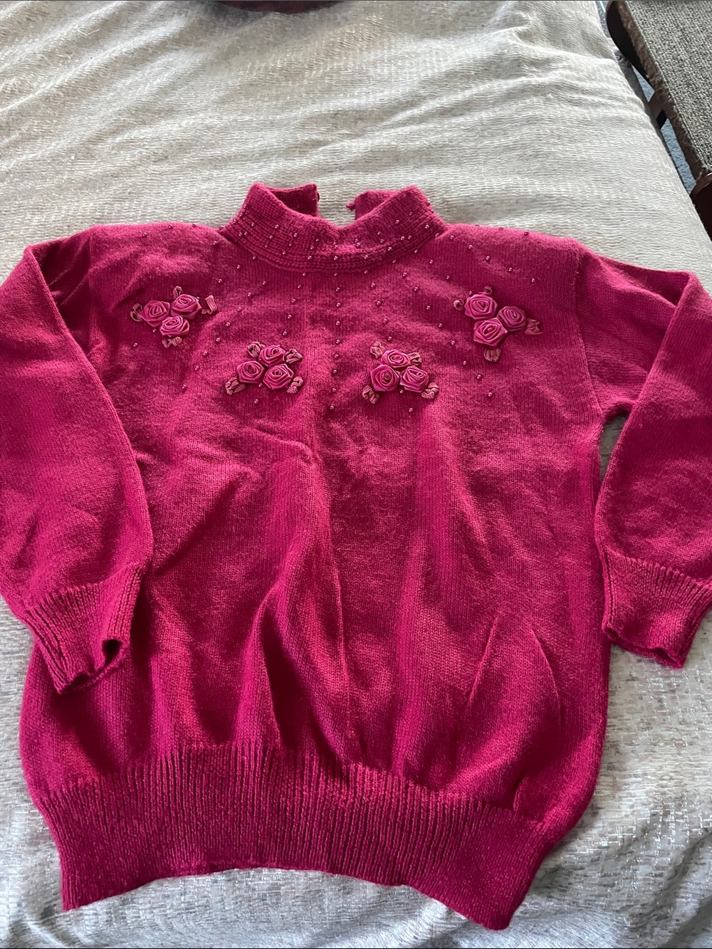 Embellished Rose-Appliqué Mock Neck Sweater in Rose Pink